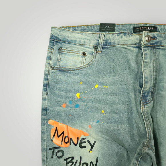 M Society Jeans 42x32 Mens Skinny Distressed Painted Art to Wear Light Mud Wash - Picture 7 of 13